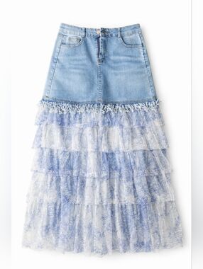 Denim and Blue Tiered Tulle Maxi Skirt